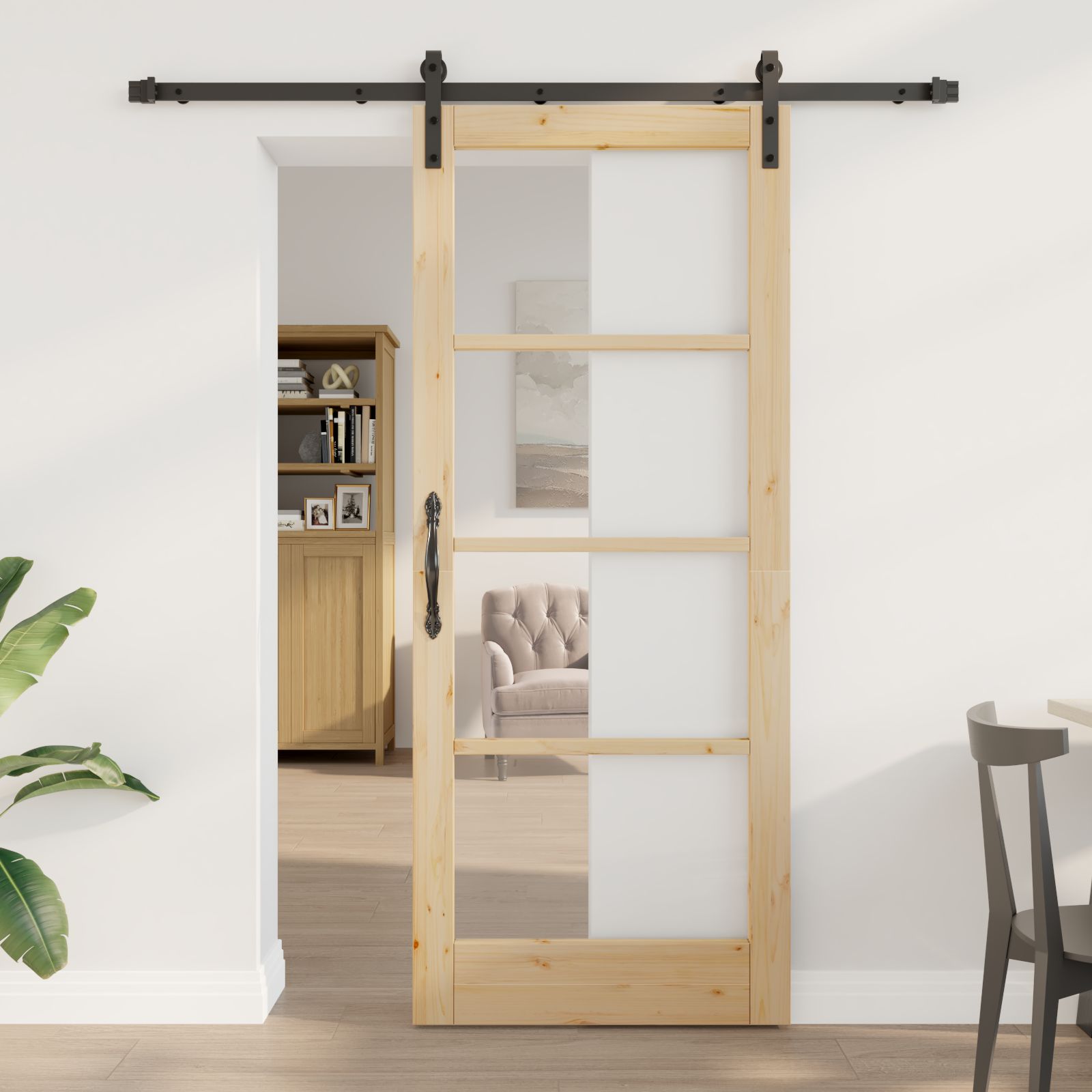 Schiebetür mit Hardware-Set "ORKDAL" aus Massivholz und Glas