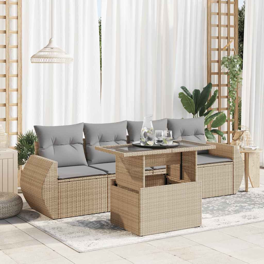 5-tlg. Garten-Sofagarnitur mit Kissen Beige Poly Rattan 5-tlg. Garten-Sofagarnitur mit Kissen Beige Poly Rattan