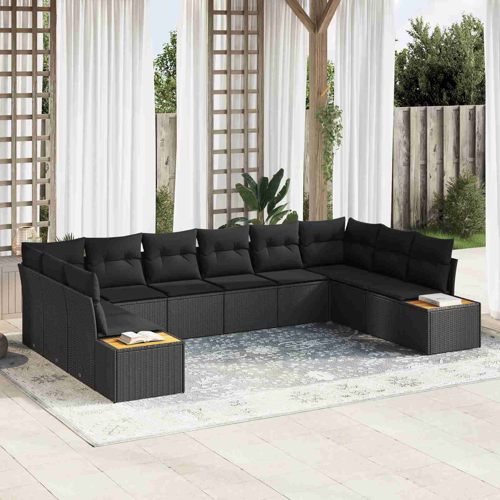 10-teiliges Garten-Sofa-Set mit Kissen Schwarz Poly-Rattan Akazie 10-teiliges Garten-Sofa-Set mit Kissen Schwarz Poly-Rattan Akazie