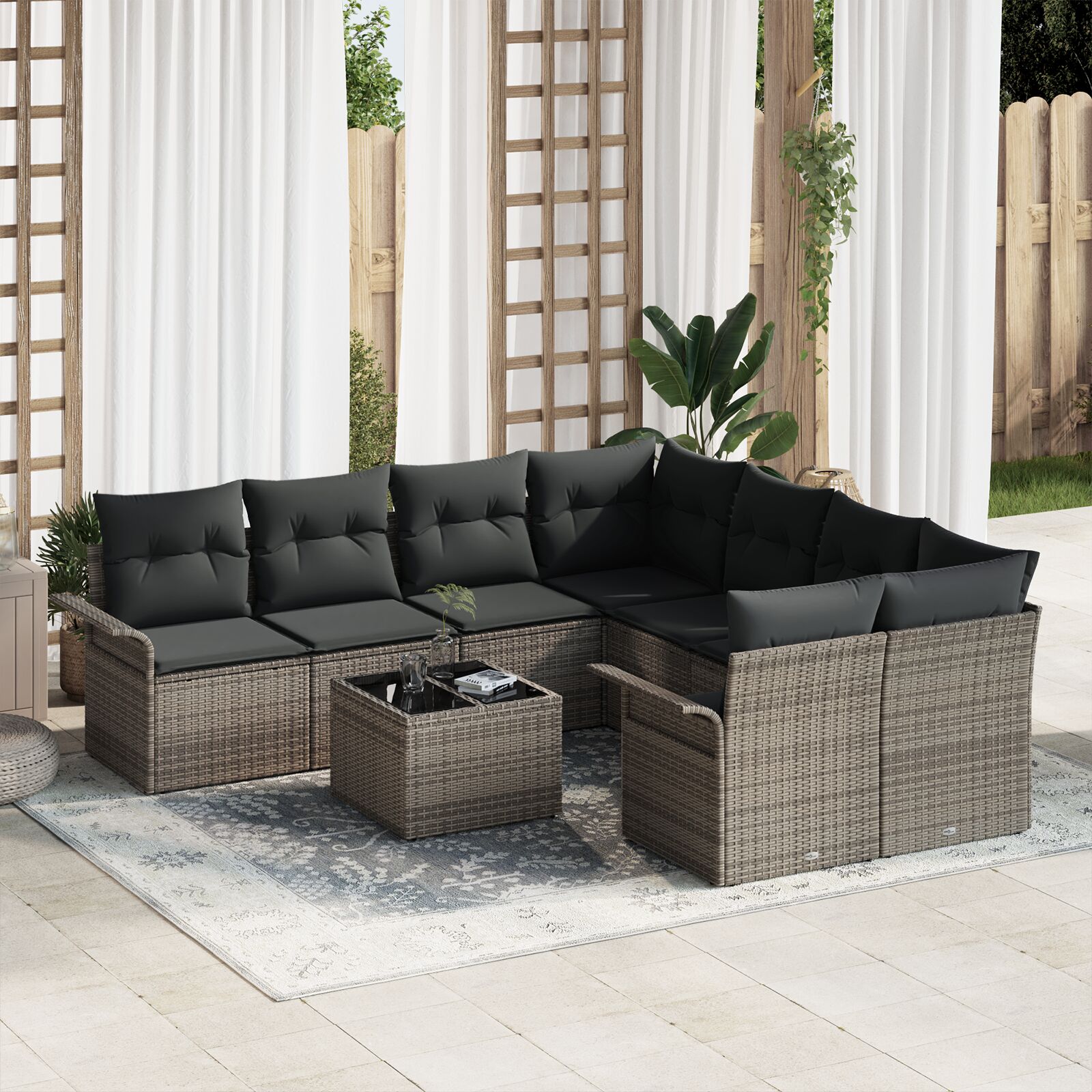 9-teiliges Garten-Sofa-Set mit Kissen Grau Poly-Rattan 9-teiliges Garten-Sofa-Set mit Kissen Grau Poly-Rattan