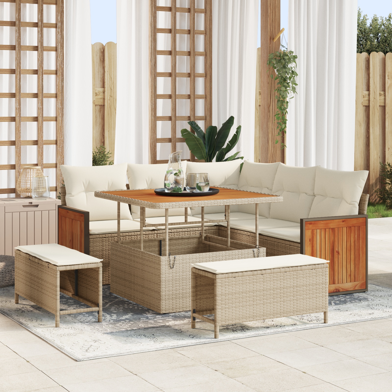 8-teiliges Garten Sofa Set mit Kissen Beige Poly Rattan Akazie 8-teiliges Garten Sofa Set mit Kissen Beige Poly Rattan Akazie