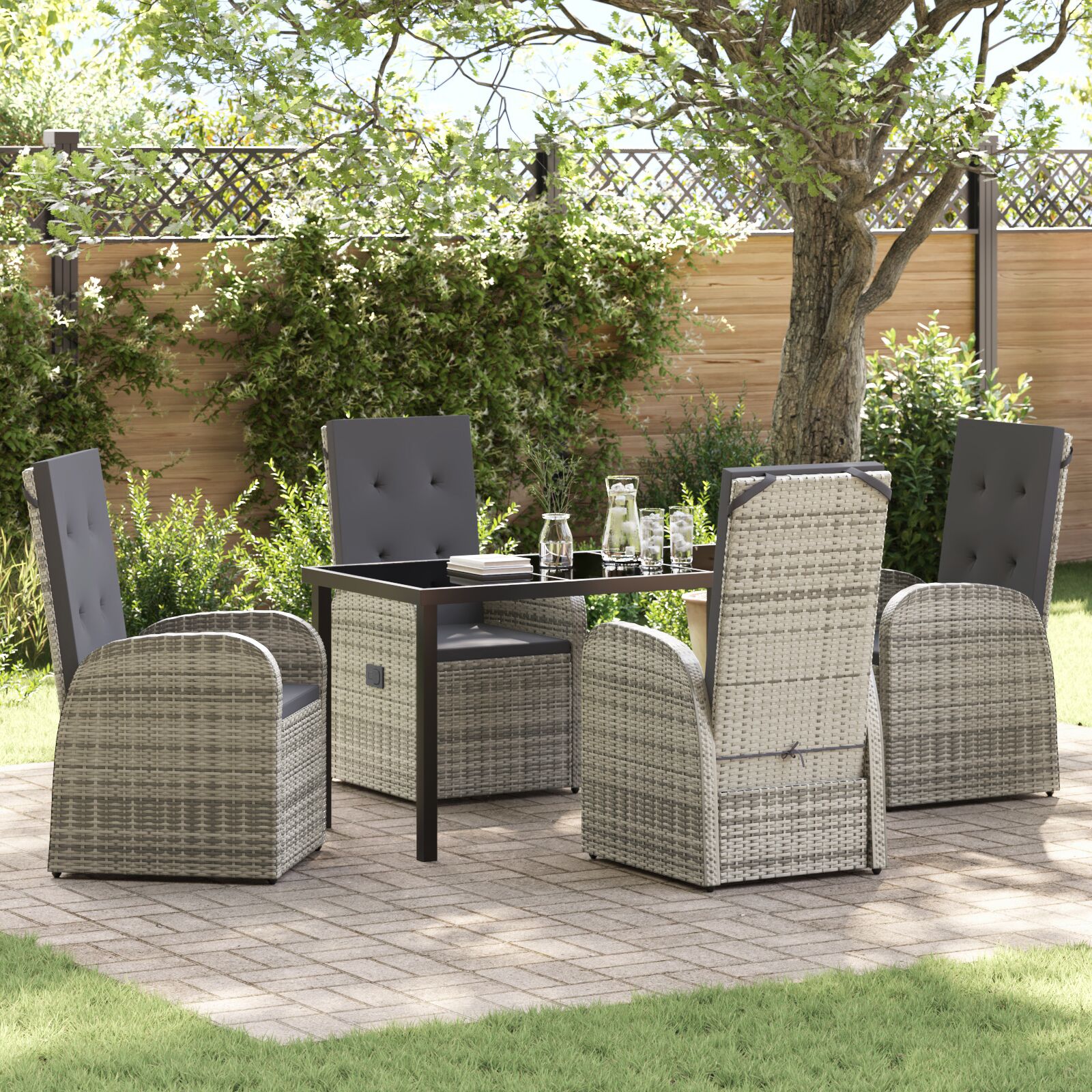 vidaXL 5-teiliges Garten-Esszimmer-Set mit Kissen Grau Poly Rattan vidaXL 5-teiliges Garten-Esszimmer-Set mit Kissen Grau Poly Rattan