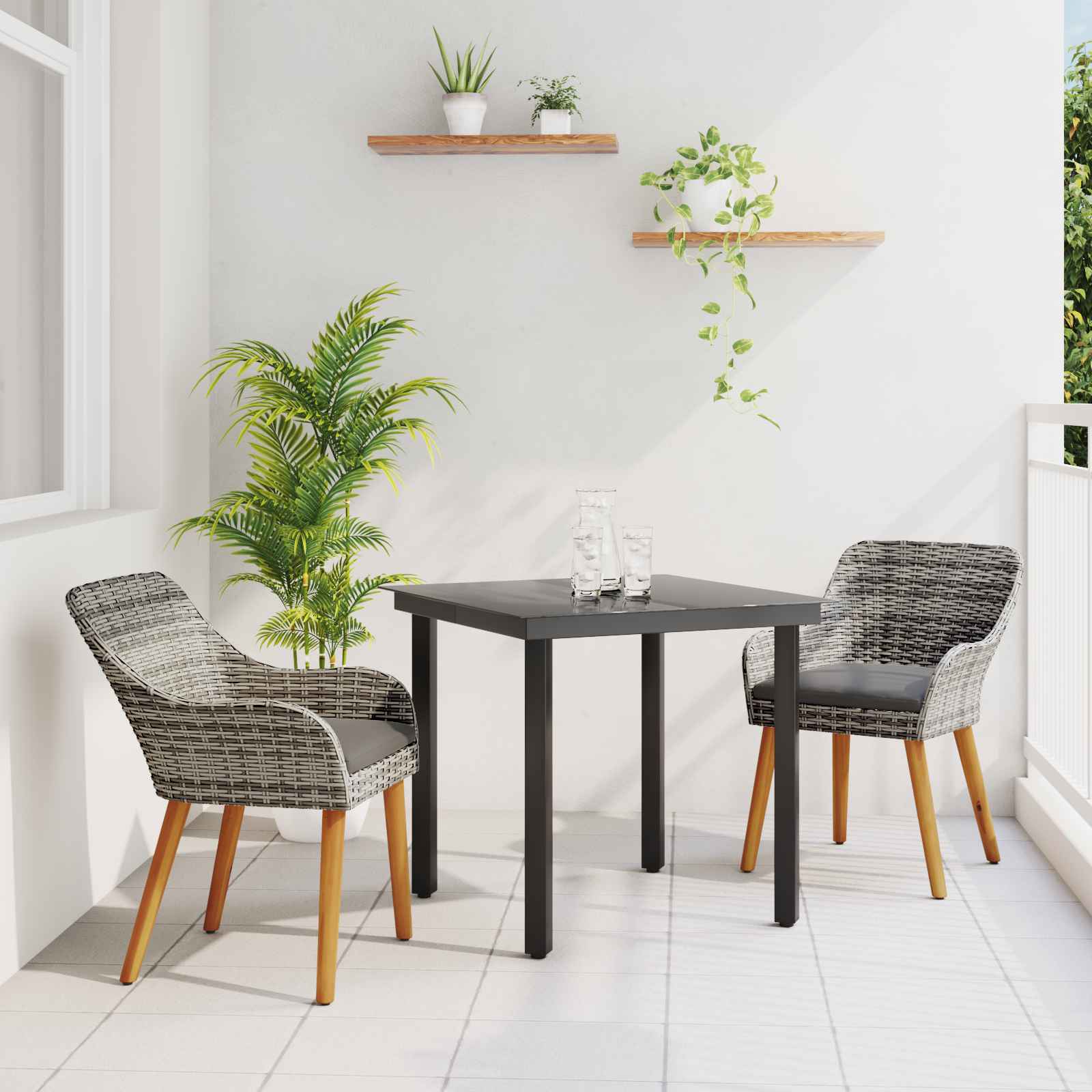 3-teilige Garten Essgruppe Grau Poly Rattan