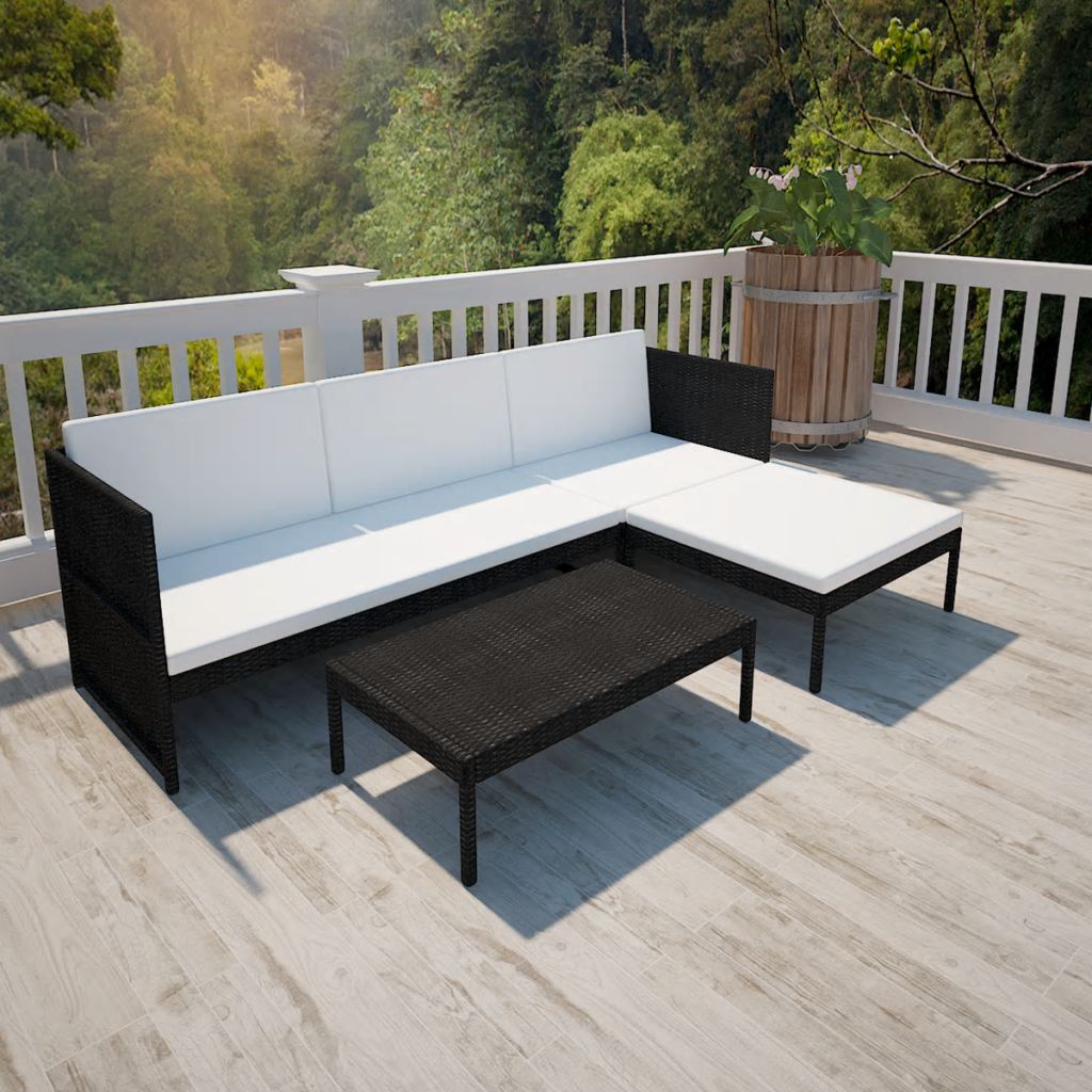 3-tlg. Garten-Lounge-Set mit Kissen Poly-Rattan Schwarz 3-tlg. Garten-Lounge-Set mit Kissen Poly-Rattan Schwarz