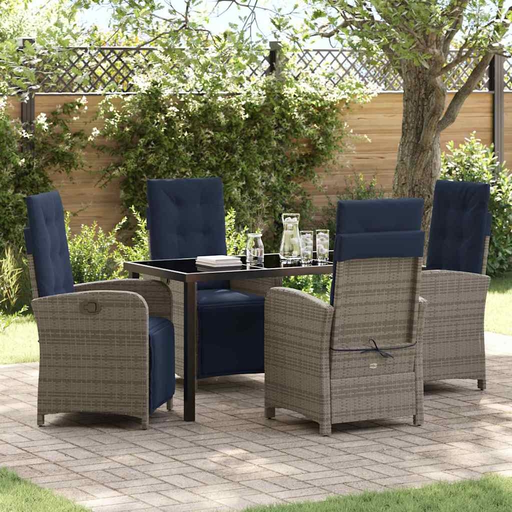 5-teiliges Garten-Esszimmer-Set aus grauem Poly-Rattan. 5-teiliges Garten-Esszimmer-Set aus grauem Poly-Rattan.