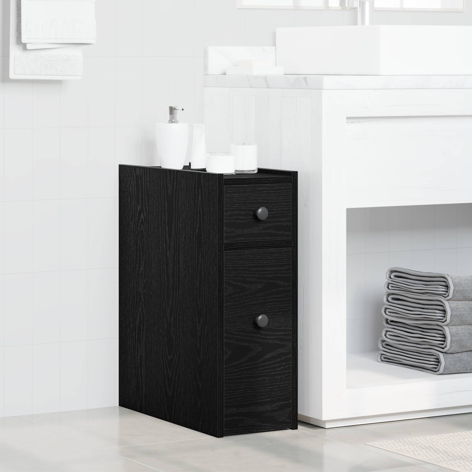 Schmaler Badezimmerschrank mit Rollen Schwarzes Eichen-Laminat