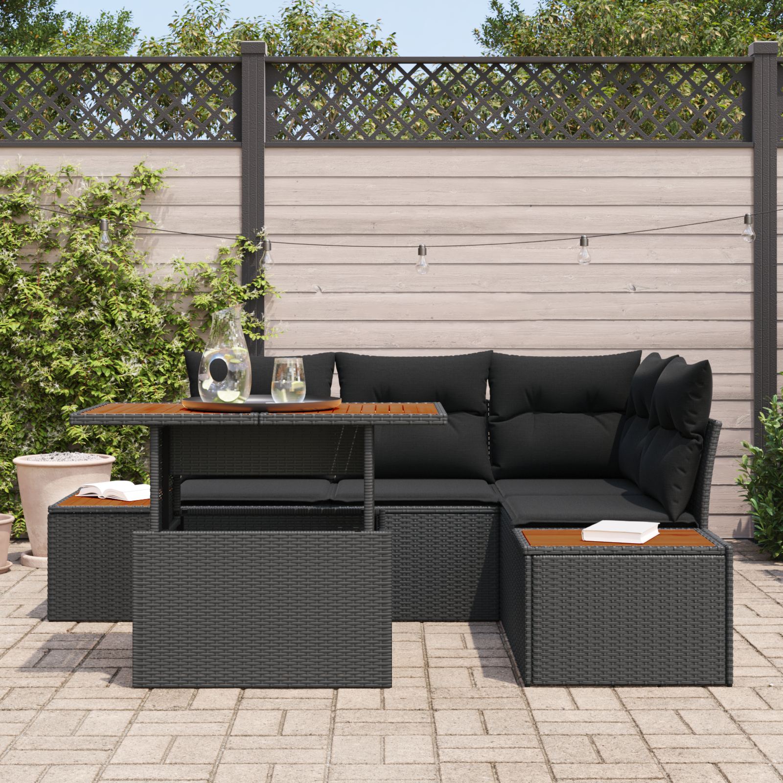 5-teiliges Garten Essmöbel Set mit Kissen Schwarz Poly Rattan Akazie 5-teiliges Garten Essmöbel Set mit Kissen Schwarz Poly Rattan Akazie