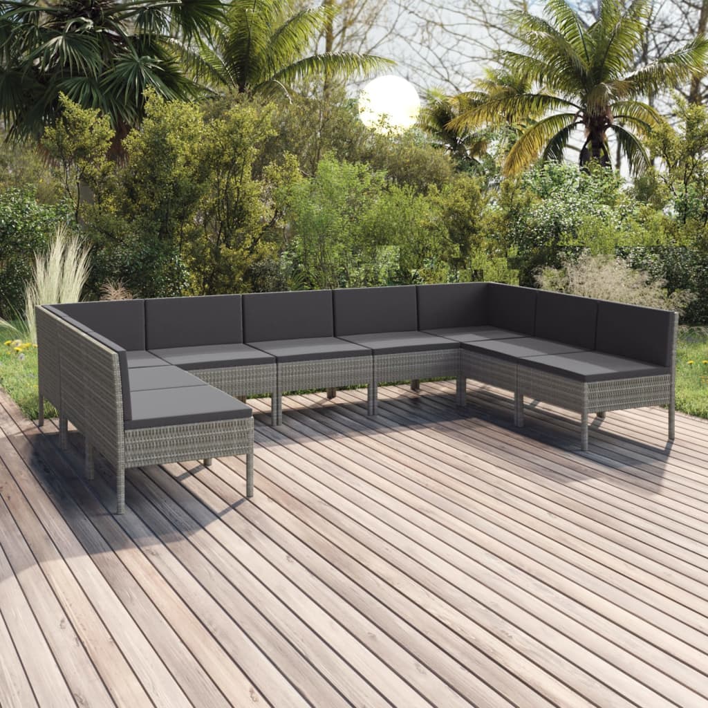 9-tlg. Garten-Lounge-Set mit Auflagen Poly Rattan Grau 9-tlg. Garten-Lounge-Set mit Auflagen Poly Rattan Grau