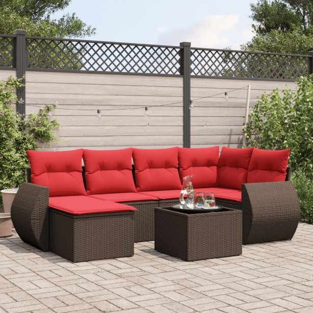 7-teiliges Gartensofa-Set mit Kissen, braun, Polyrattan 7-teiliges Gartensofa-Set mit Kissen, braun, Polyrattan