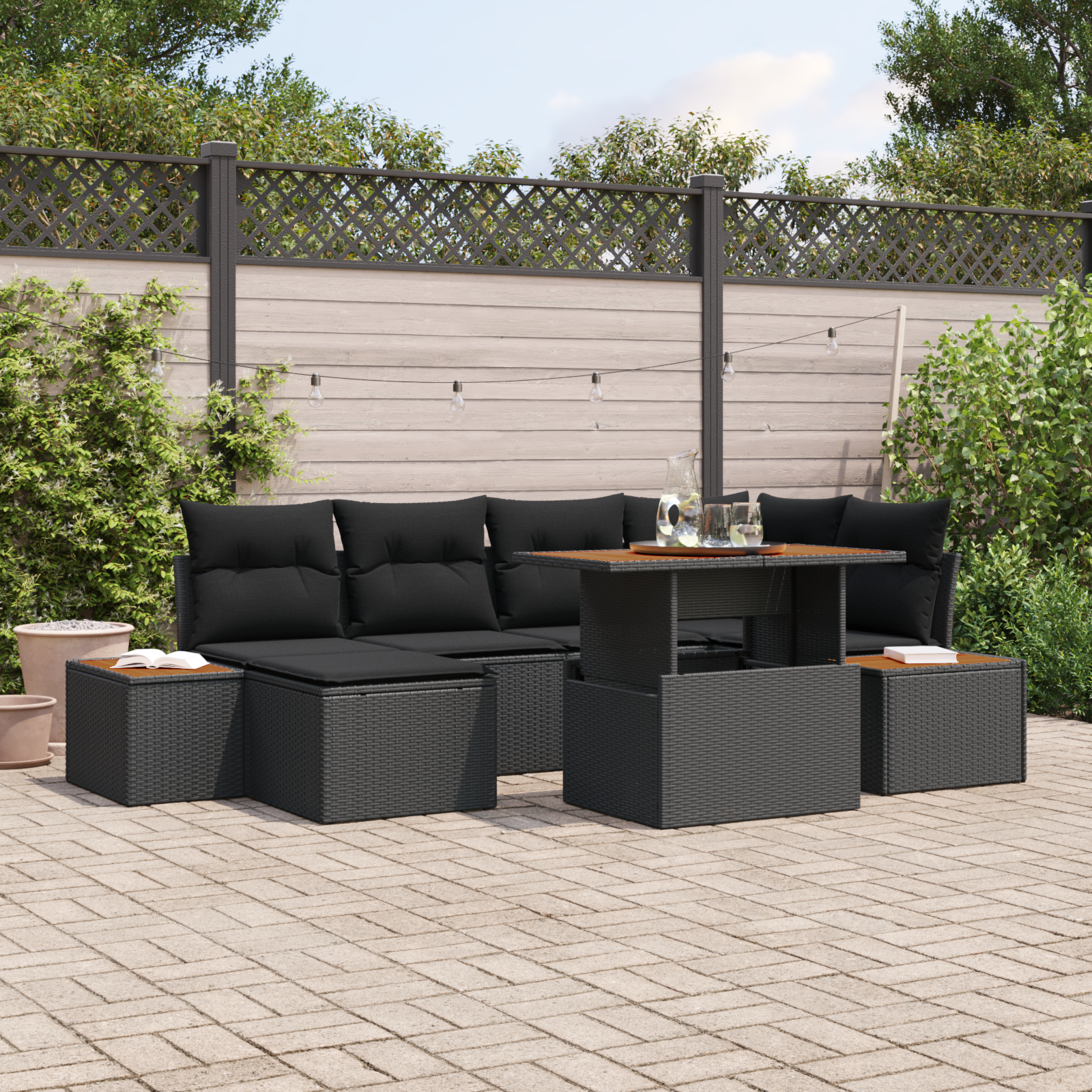 7-teiliges Garten Esstisch Set mit Kissen Schwarzes Poly Rattan Akazie 7-teiliges Garten Esstisch Set mit Kissen Schwarzes Poly Rattan Akazie
