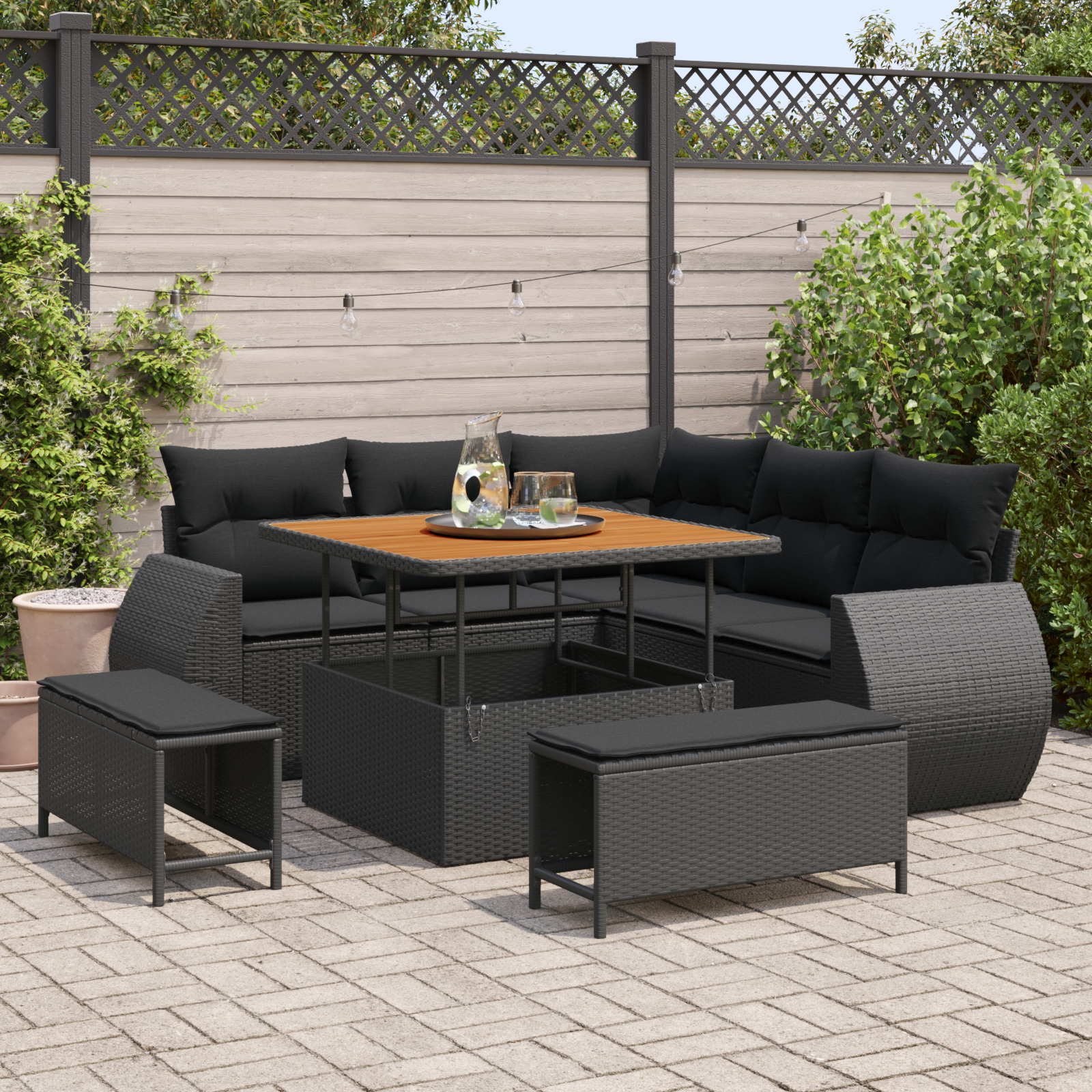 8-teiliges Garten-Sofaset mit Kissen Schwarz Poly-Rattan Akazie