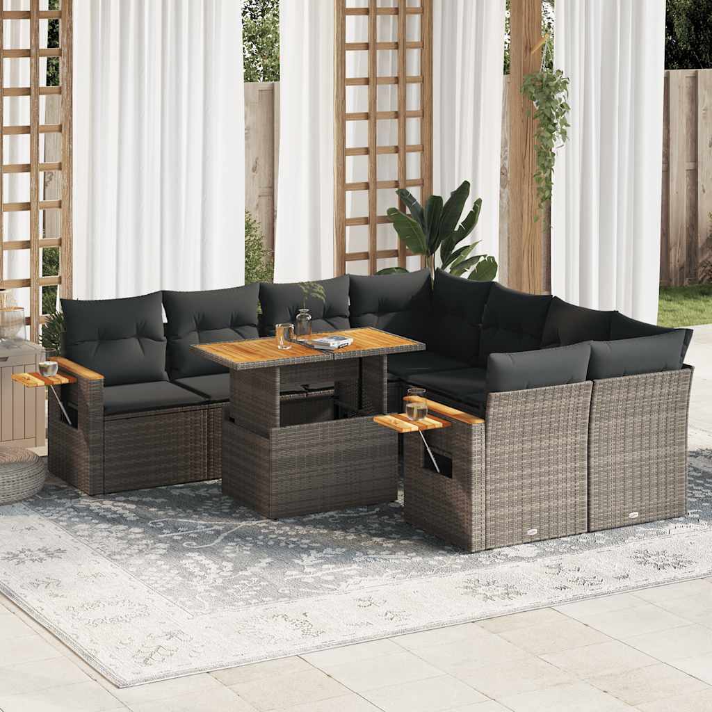 9-tlg. Garten-Sofagarnitur mit Kissen Grau Poly Rattan Akazie 9-tlg. Garten-Sofagarnitur mit Kissen Grau Poly Rattan Akazie