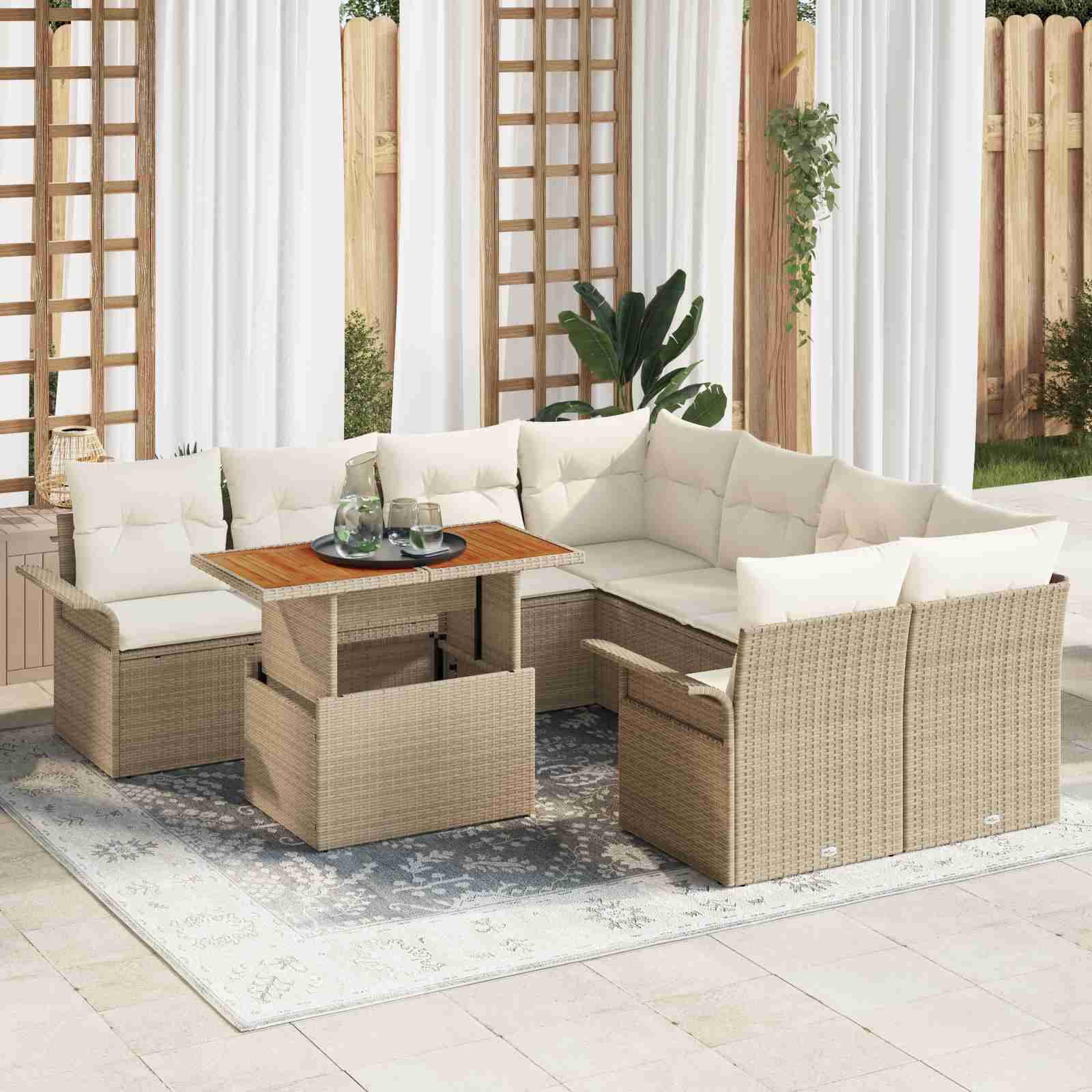 9-teiliges Garten Sofa Set mit Kissen Beige Poly Rattan 9-teiliges Garten Sofa Set mit Kissen Beige Poly Rattan