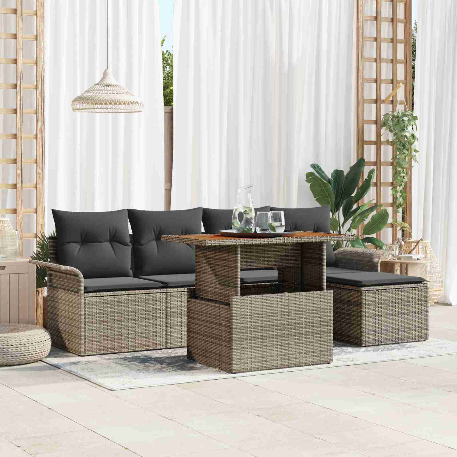 6-teiliges Garten Sofa Set mit Kissen Grau Poly Rattan 6-teiliges Garten Sofa Set mit Kissen Grau Poly Rattan