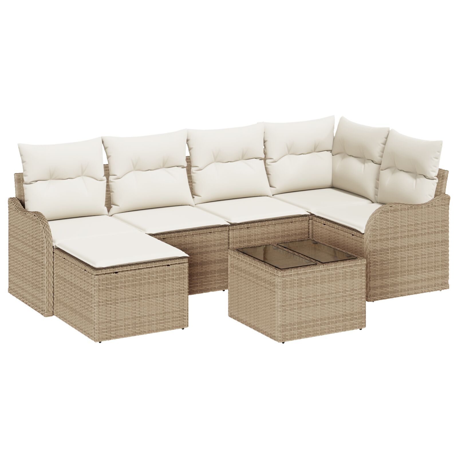 7-teiliges Garten-Sofa-Set mit Kissen braunes Poly-Rattan, 2-Sitzer Garten-Sofa mit Kissen beiges Poly-Rattan