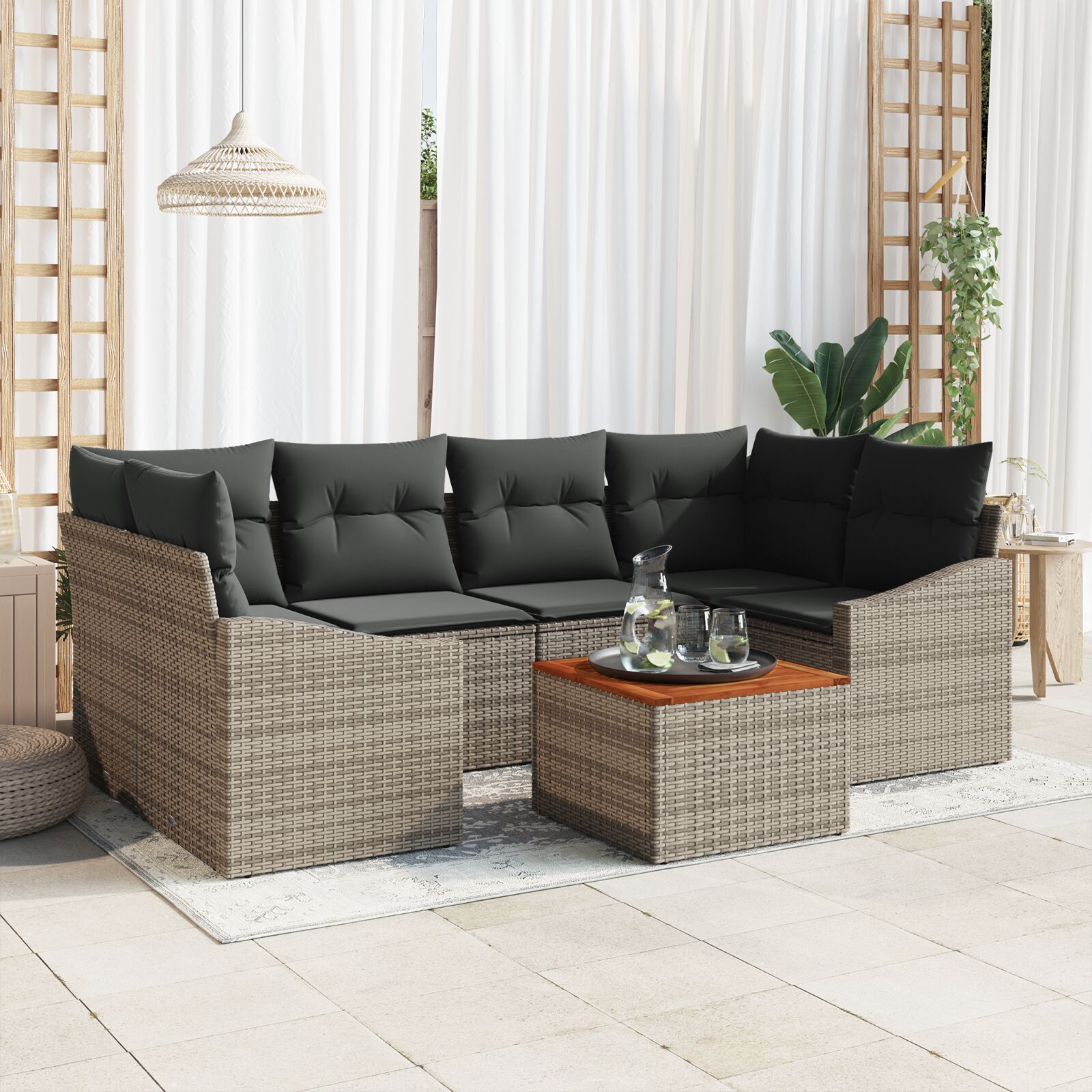 7-teiliges Garten-Sofa-Set mit Kissen Grau Poly-Rattan Akazie