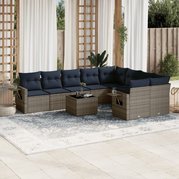 10-teiliges Gartensofa-Set mit Kissen, grau, Polyrattan 10-teiliges Gartensofa-Set mit Kissen, grau, Polyrattan