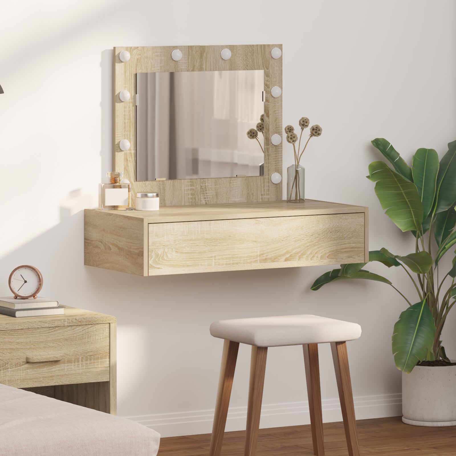 vidaXL Wandhängender Schminktisch mit LED-Lichtern Sonoma Eiche