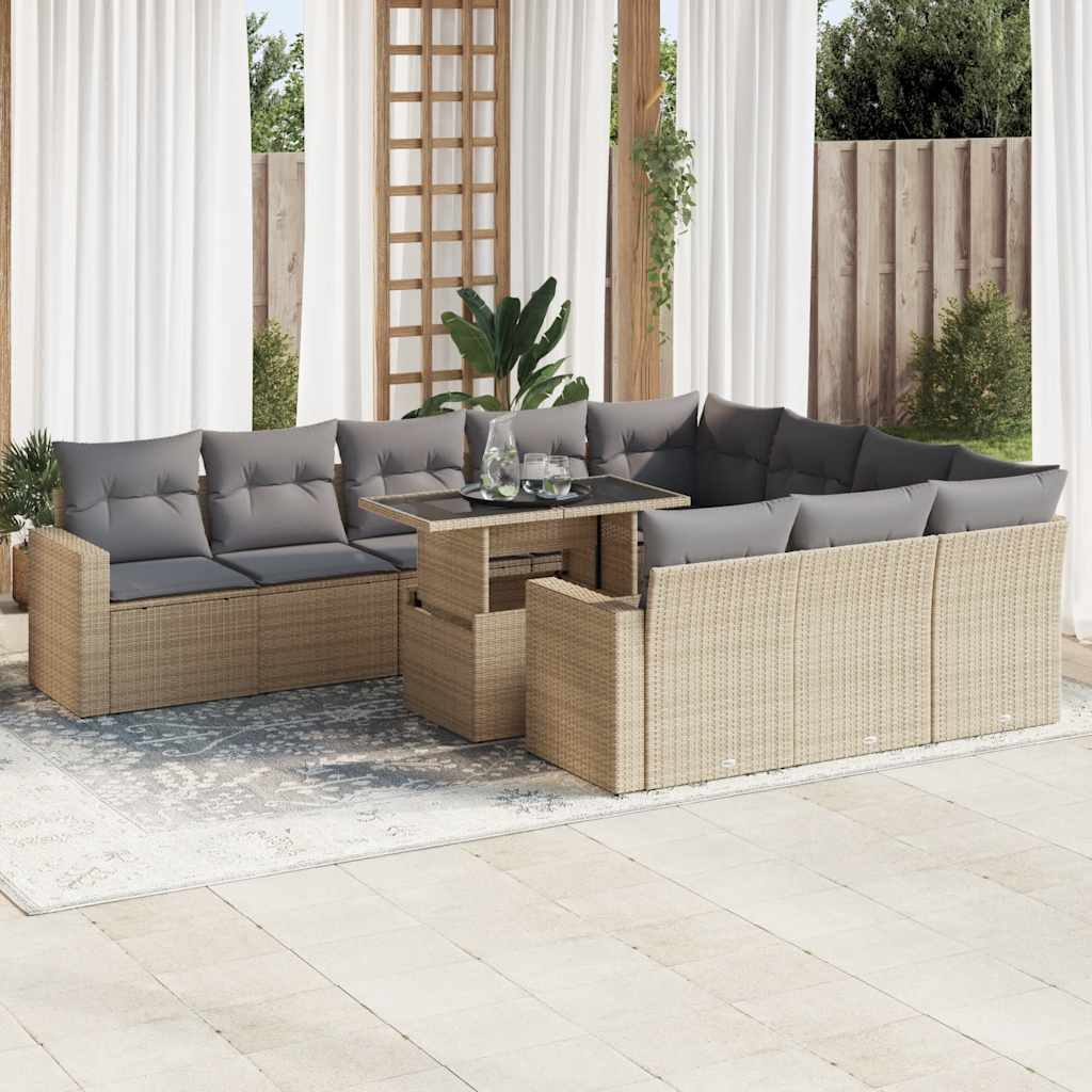 11-tlg. Garten-Sofagarnitur mit Kissen Beige Poly Rattan 11-tlg. Garten-Sofagarnitur mit Kissen Beige Poly Rattan