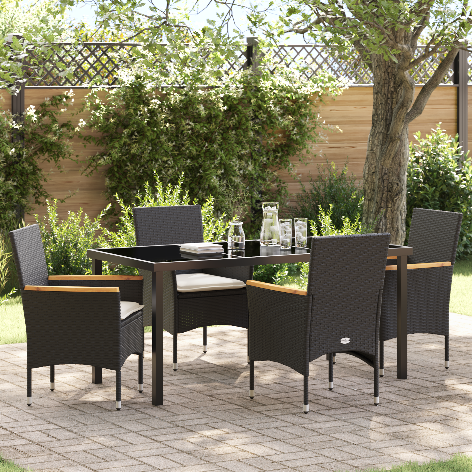 5-teilige Garten-Essgruppe mit Kissen Schwarz Poly-Rattan 5-teilige Garten-Essgruppe mit Kissen Schwarz Poly-Rattan