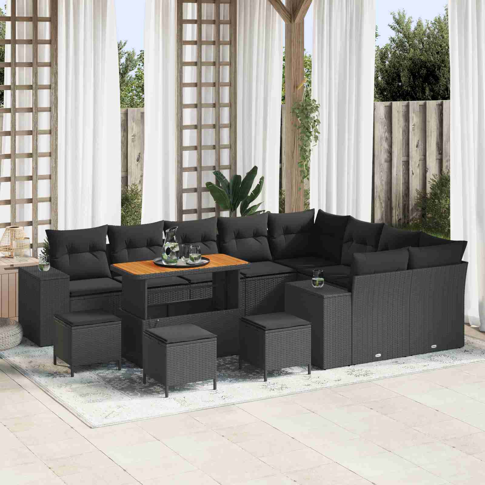 13-teiliges Garten-Sofa-Set mit Kissen Schwarz Poly-Rattan Akazie 13-teiliges Garten-Sofa-Set mit Kissen Schwarz Poly-Rattan Akazie