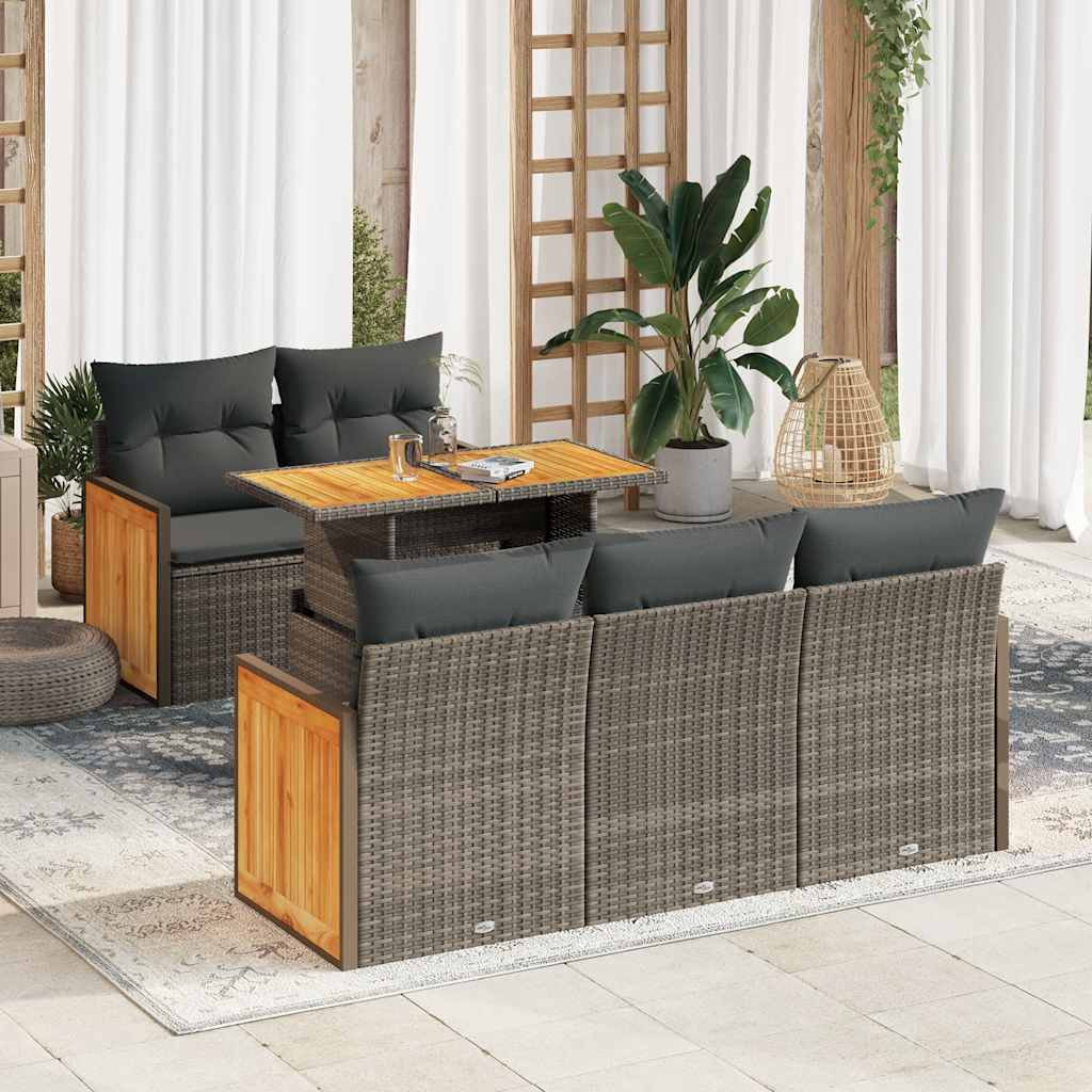 6-tlg. Garten-Sofagarnitur mit Kissen Grau Poly Rattan Akazie 6-tlg. Garten-Sofagarnitur mit Kissen Grau Poly Rattan Akazie