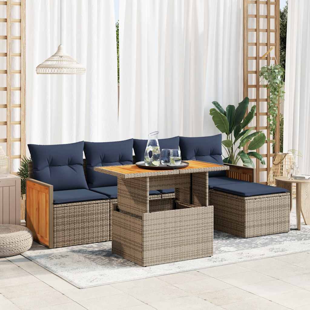 6-tlg. Garten-Sofagarnitur mit Kissen Grau Poly Rattan Akazie 6-tlg. Garten-Sofagarnitur mit Kissen Grau Poly Rattan Akazie
