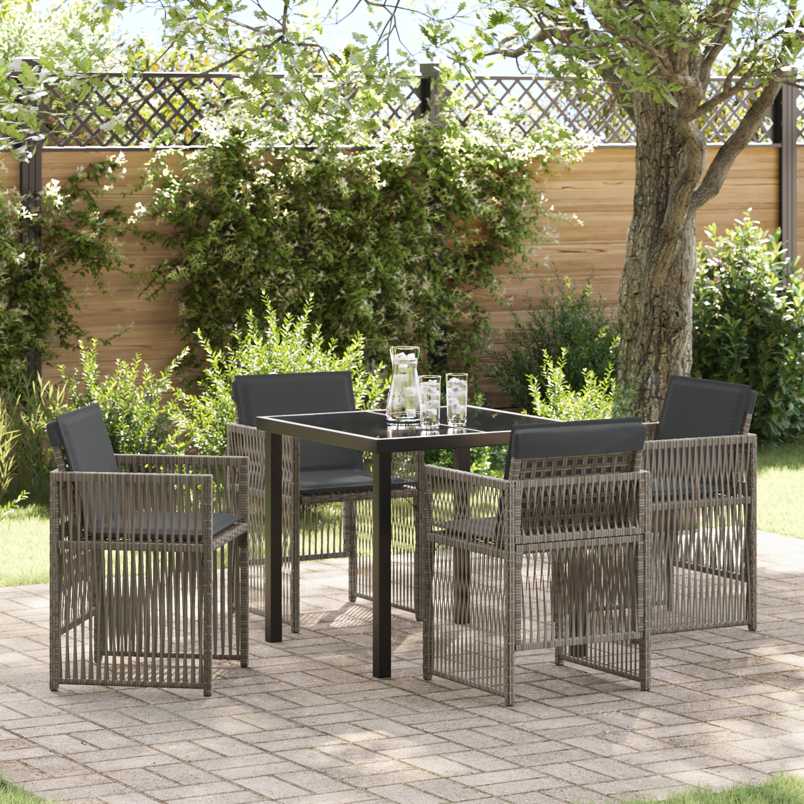 5-teiliges Garten Esstisch Set mit Kissen Grau Poly Rattan