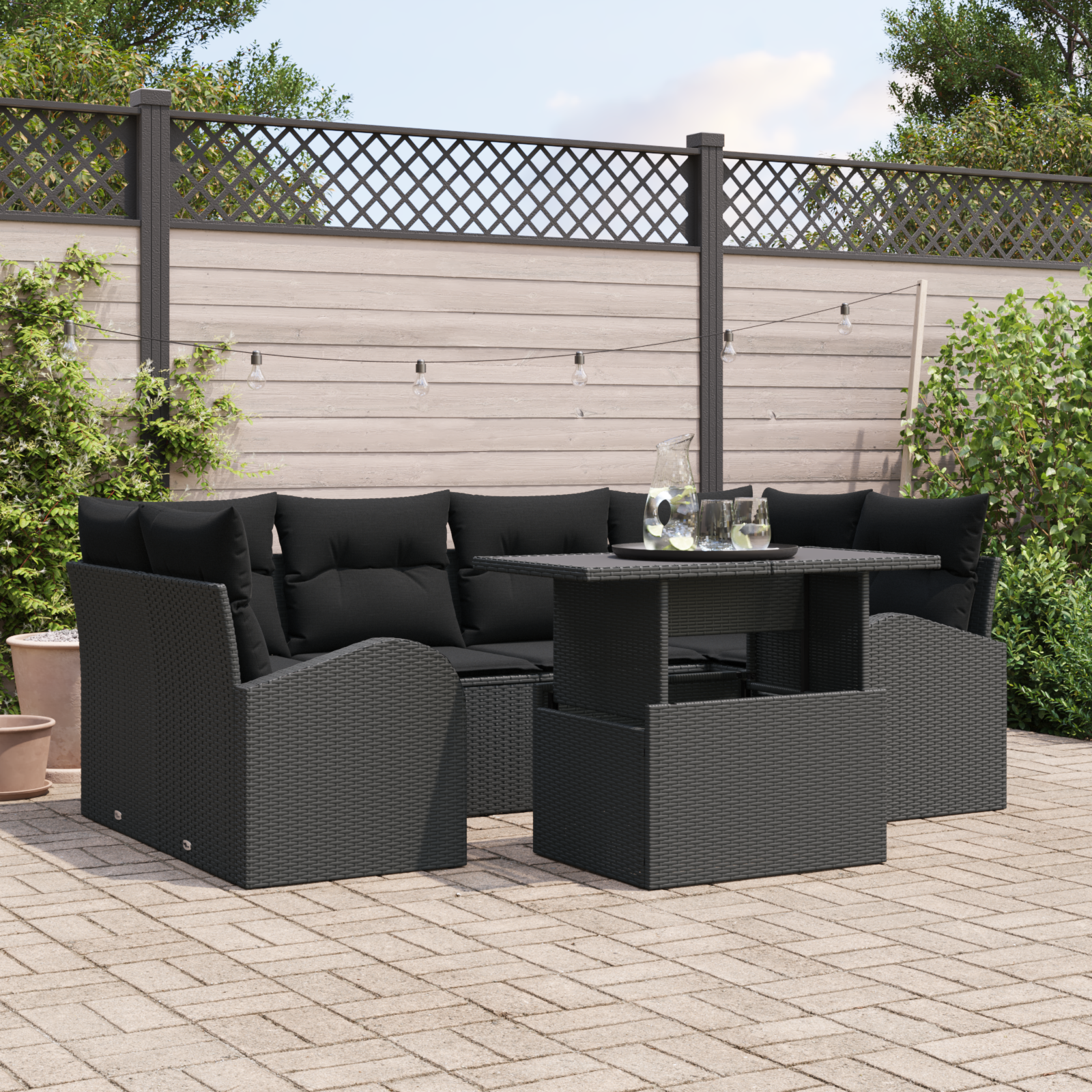 7-teiliges Garten-Sofa-Set mit Kissen Schwarz Poly Rattan 7-teiliges Garten-Sofa-Set mit Kissen Schwarz Poly Rattan