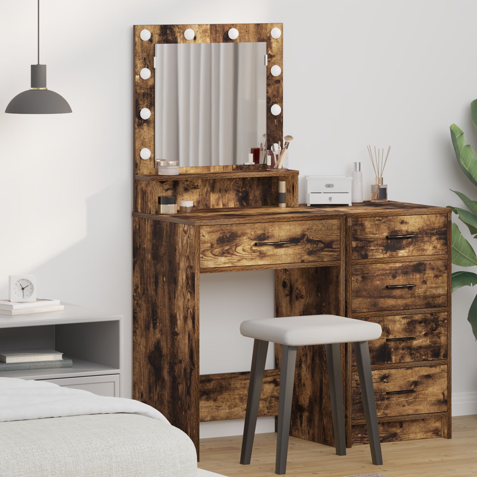 vidaXL Schminktisch mit LED-Lichtern in Raucheiche 50x41x135 cm