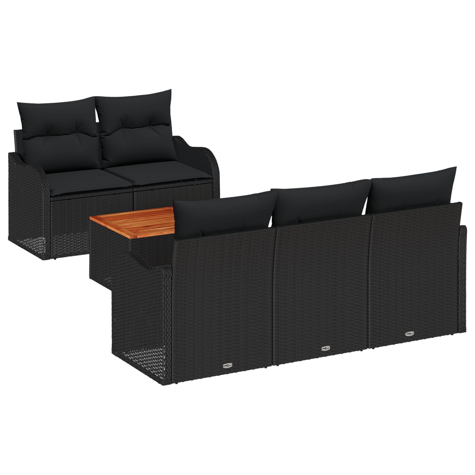 6-teiliges Garten Sofa Set mit Kissen Schwarz Poly Rattan Akazie, 2-Sitzer Garten Sofa mit Stauraum & Kissen Schwarz Poly Rattan