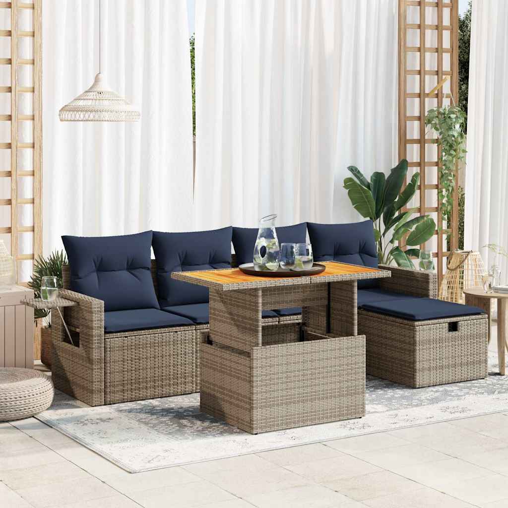 6-tlg. Garten-Sofagarnitur mit Kissen Grau Poly Rattan Akazie 6-tlg. Garten-Sofagarnitur mit Kissen Grau Poly Rattan Akazie