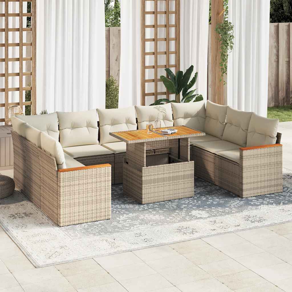 10-tlg. Garten-Sofagarnitur mit Kissen Beige Poly Rattan Akazie 10-tlg. Garten-Sofagarnitur mit Kissen Beige Poly Rattan Akazie