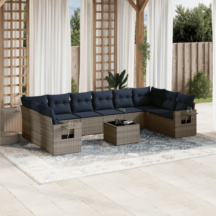 11-teiliges Gartensofa-Set mit Kissen, grau, Polyrattan 11-teiliges Gartensofa-Set mit Kissen, grau, Polyrattan