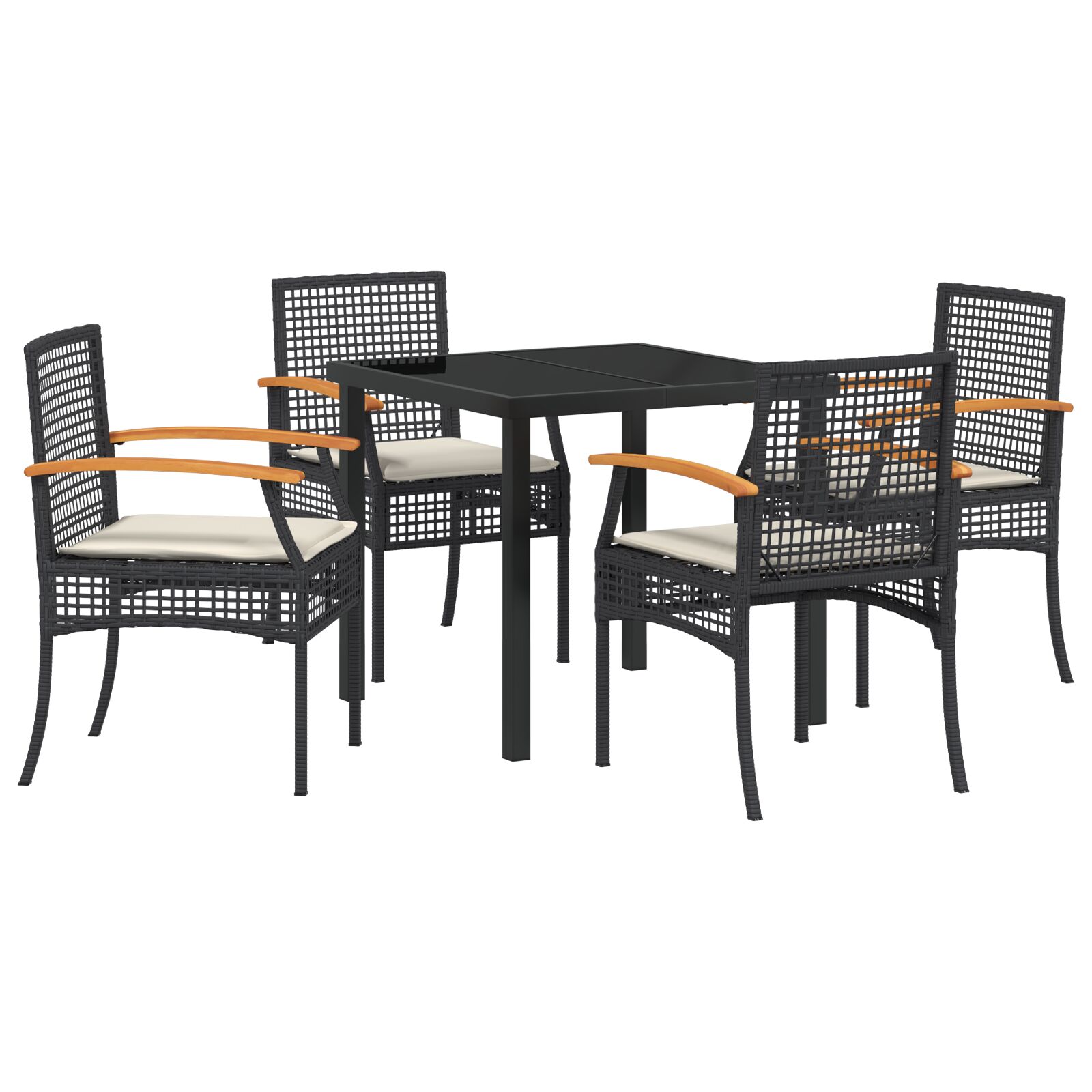 5-teiliges Garten-Ess-Set mit Kissen Schwarz Poly Rattan
