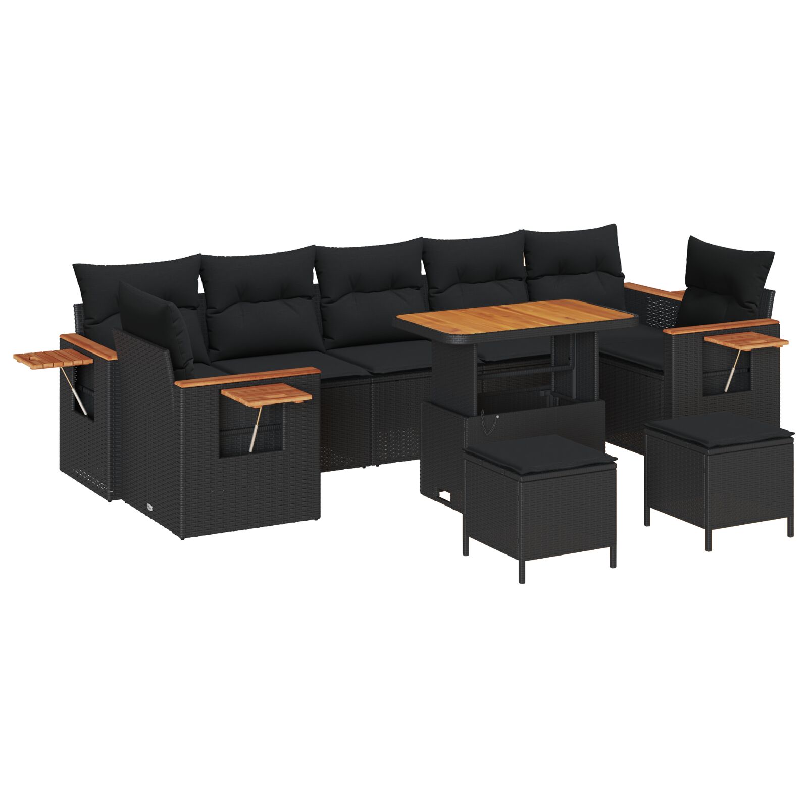 10-teiliges Garten Sofa Set mit Kissen Schwarz Poly Rattan Akazie, 3-teiliges Garten Esszimmer Set mit Kissen Schwarz Poly Rattan Akazie
