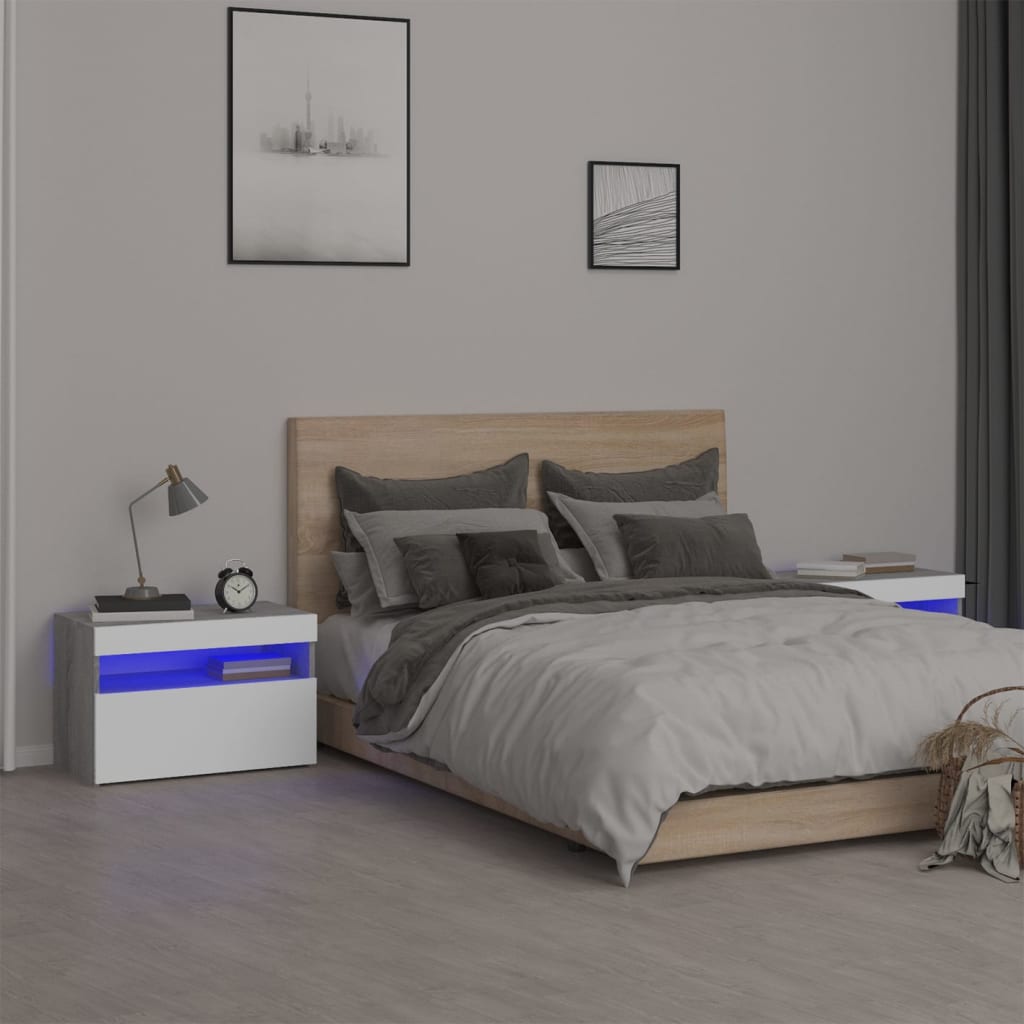 Nachttische 2 Stk. mit LED-Leuchten Grau Sonoma 60x35x40 cm