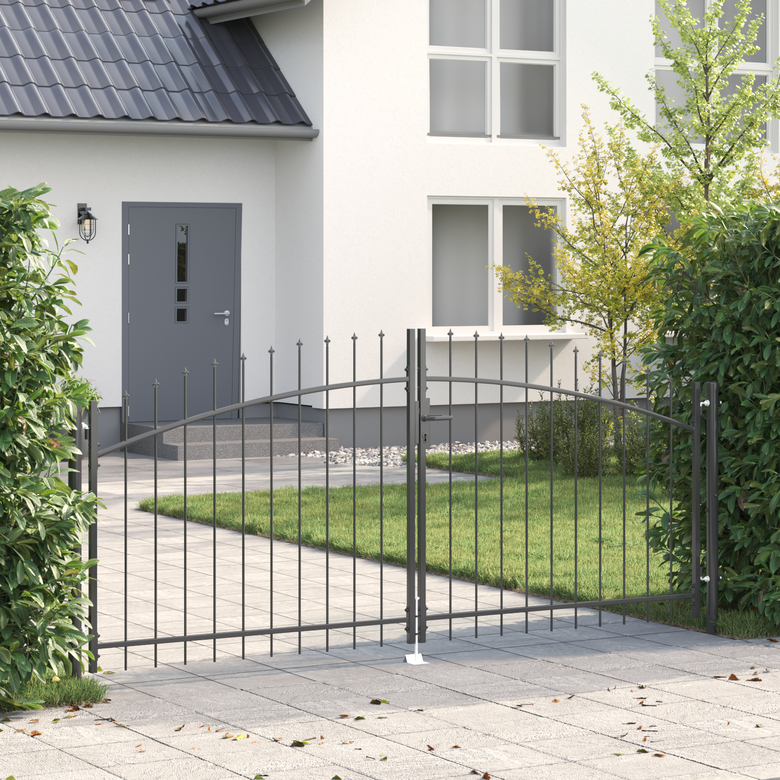 Gartentor mit Spear Top Doppelschwing Grau 100x300 cm Stahl