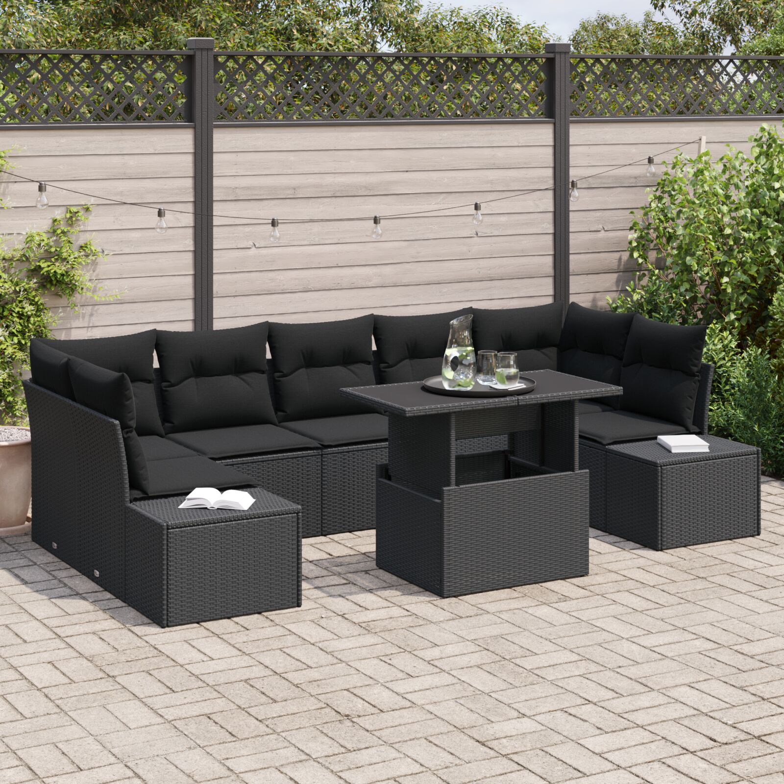 8-teiliges Garten-Sofa-Set mit Kissen Schwarz Poly-Rattan 8-teiliges Garten-Sofa-Set mit Kissen Schwarz Poly-Rattan