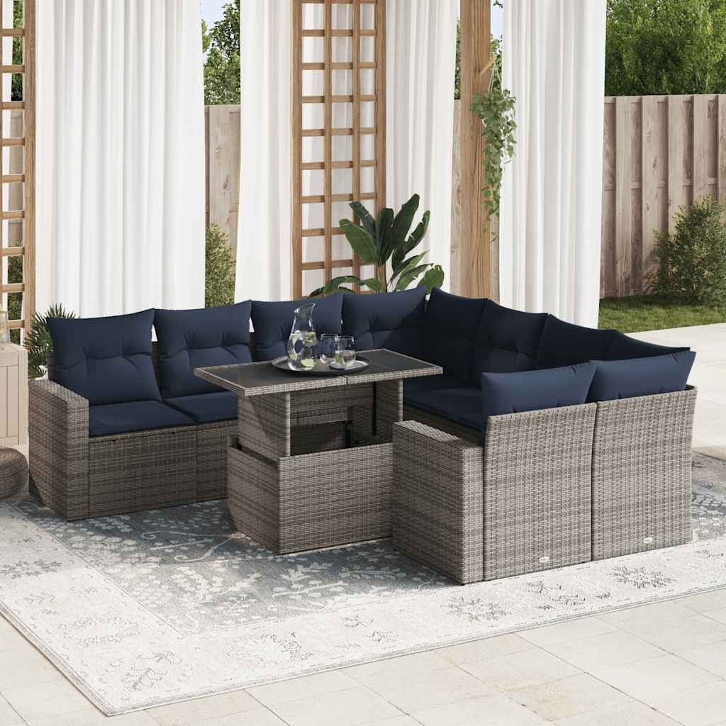 9-tlg. Garten-Sofagarnitur mit Kissen Grau Poly Rattan Akazie 9-tlg. Garten-Sofagarnitur mit Kissen Grau Poly Rattan Akazie