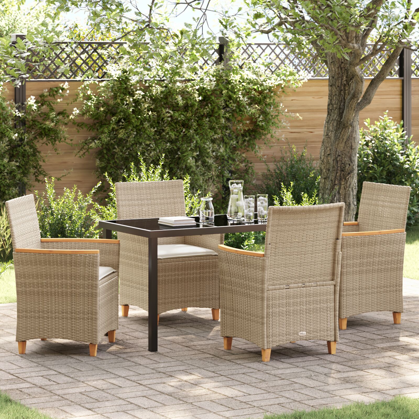5-teiliges Garten-Ess-Set mit Kissen Beige Poly-Rattan