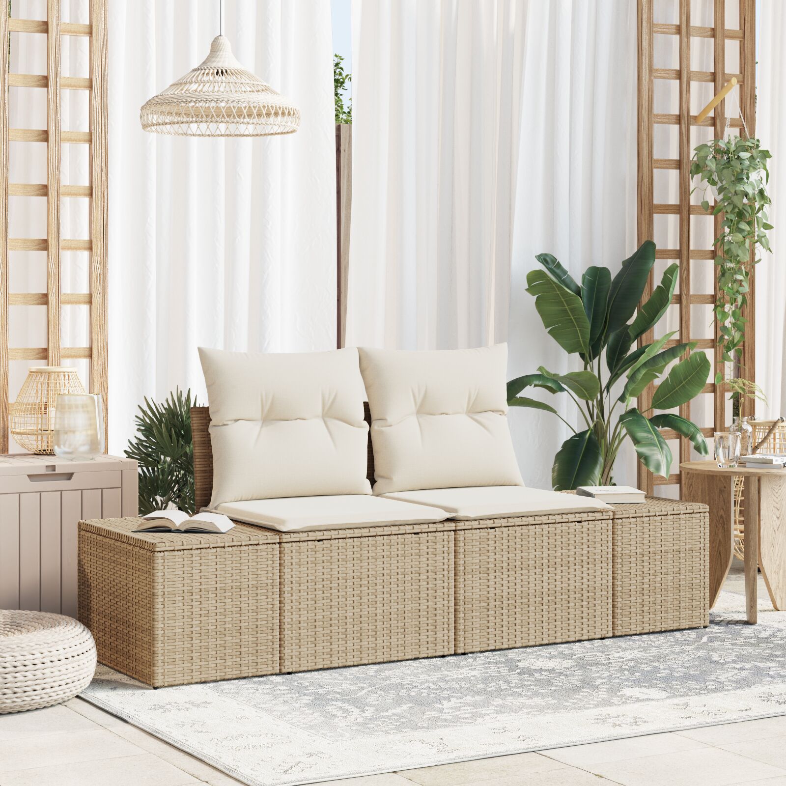 2-Sitzer Gartensofa mit Kissen Beige Poly Rattan 2-Sitzer Gartensofa mit Kissen Beige Poly Rattan