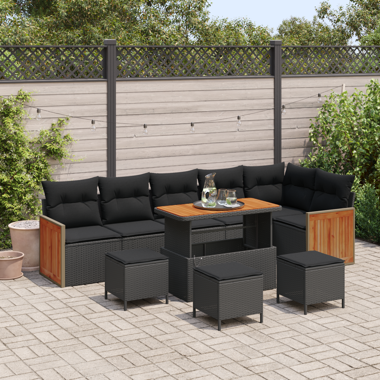 10-teiliges Garten-Sofa-Set mit Kissen Schwarz Poly-Rattan Akazie 10-teiliges Garten-Sofa-Set mit Kissen Schwarz Poly-Rattan Akazie
