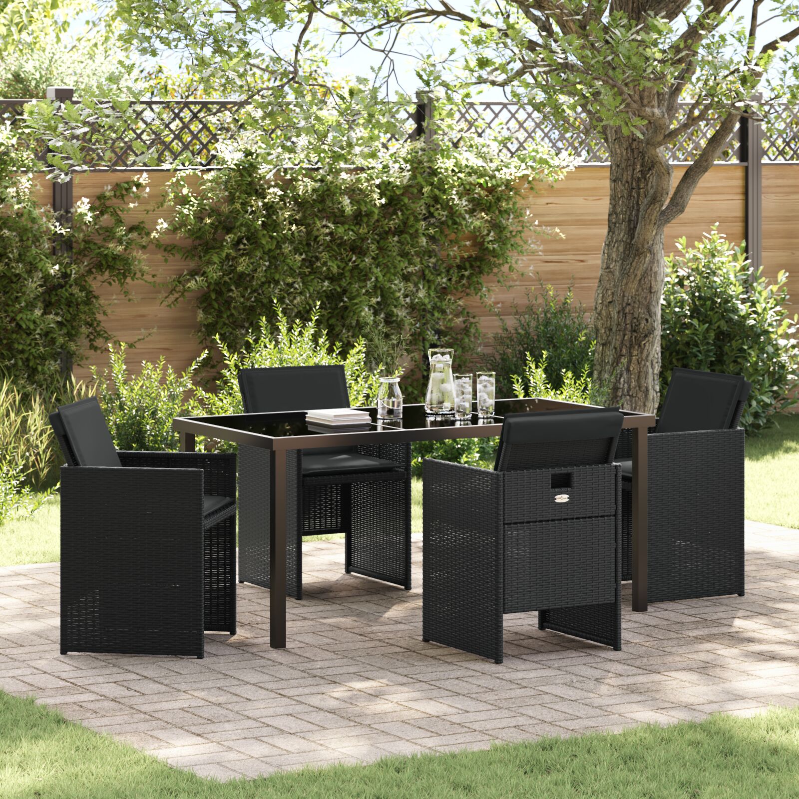 5-teiliges Garten-Essset mit Kissen aus schwarzem Poly-Rattan