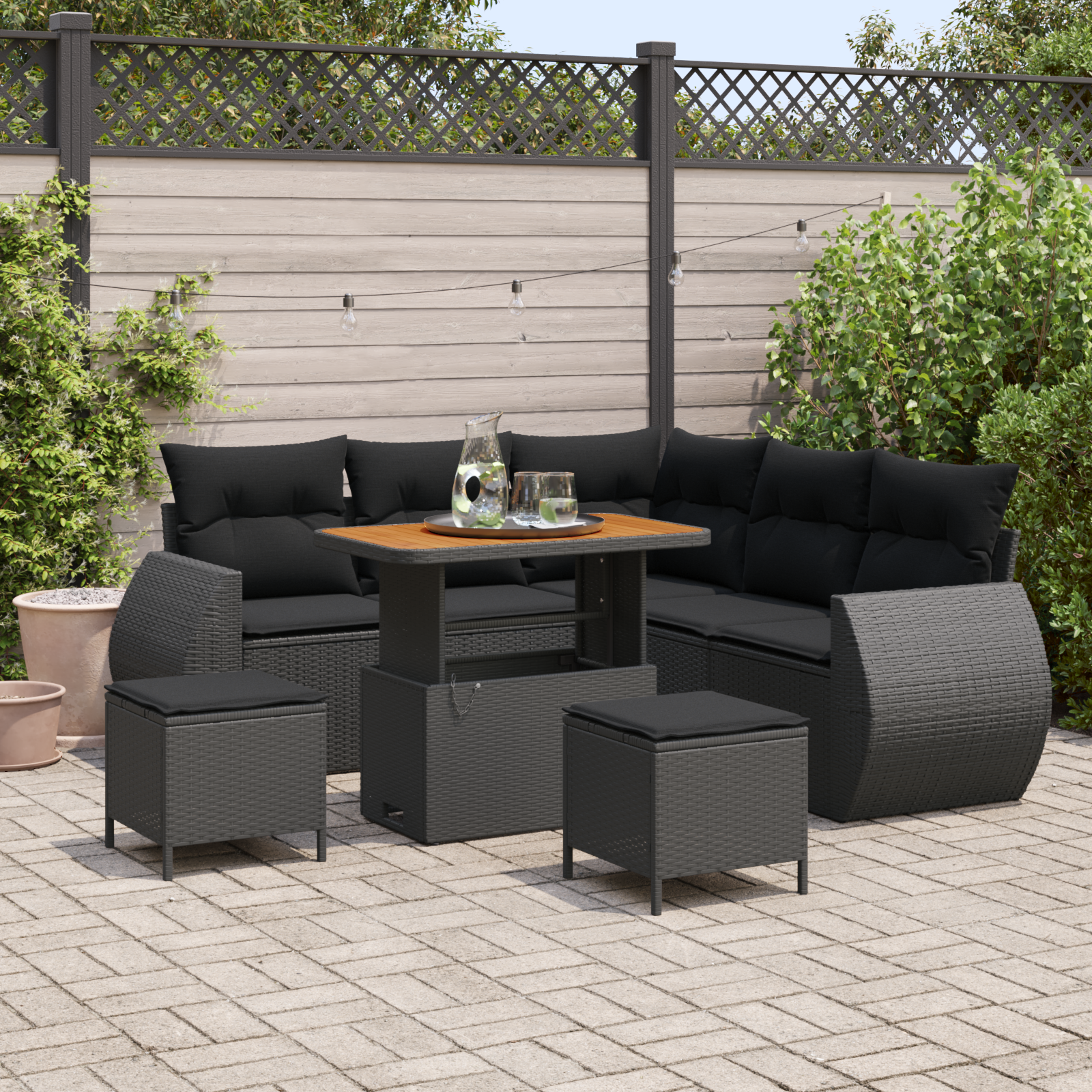 8-teiliges Garten Sofa Set mit Kissen Schwarz Polyrattan Akazie 8-teiliges Garten Sofa Set mit Kissen Schwarz Polyrattan Akazie