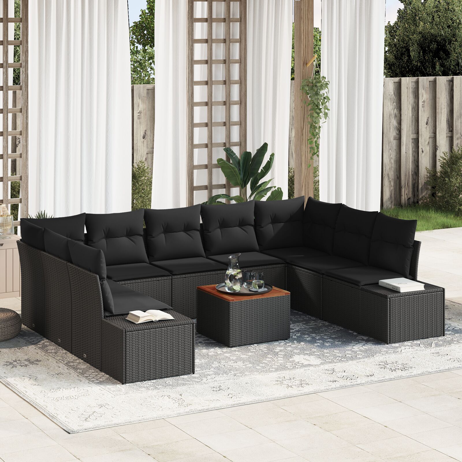 10-Teiliges Garten Sofa Set mit Kissen Schwarz Poly Rattan Akazie