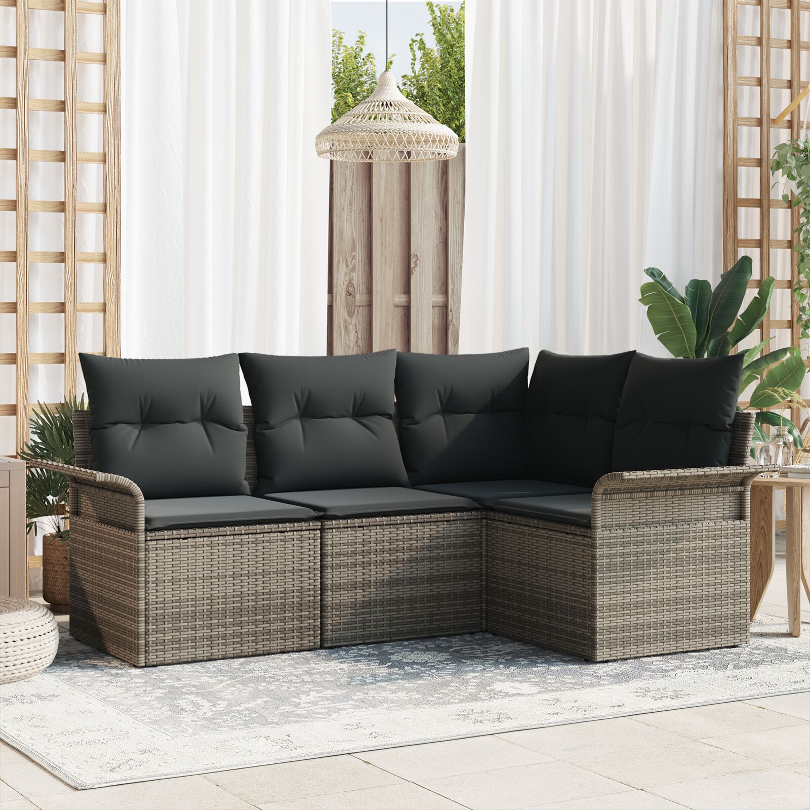 vidaXL Garten Sofa Set 4-teilig Grau Polyesterkissen und Rattanbasis