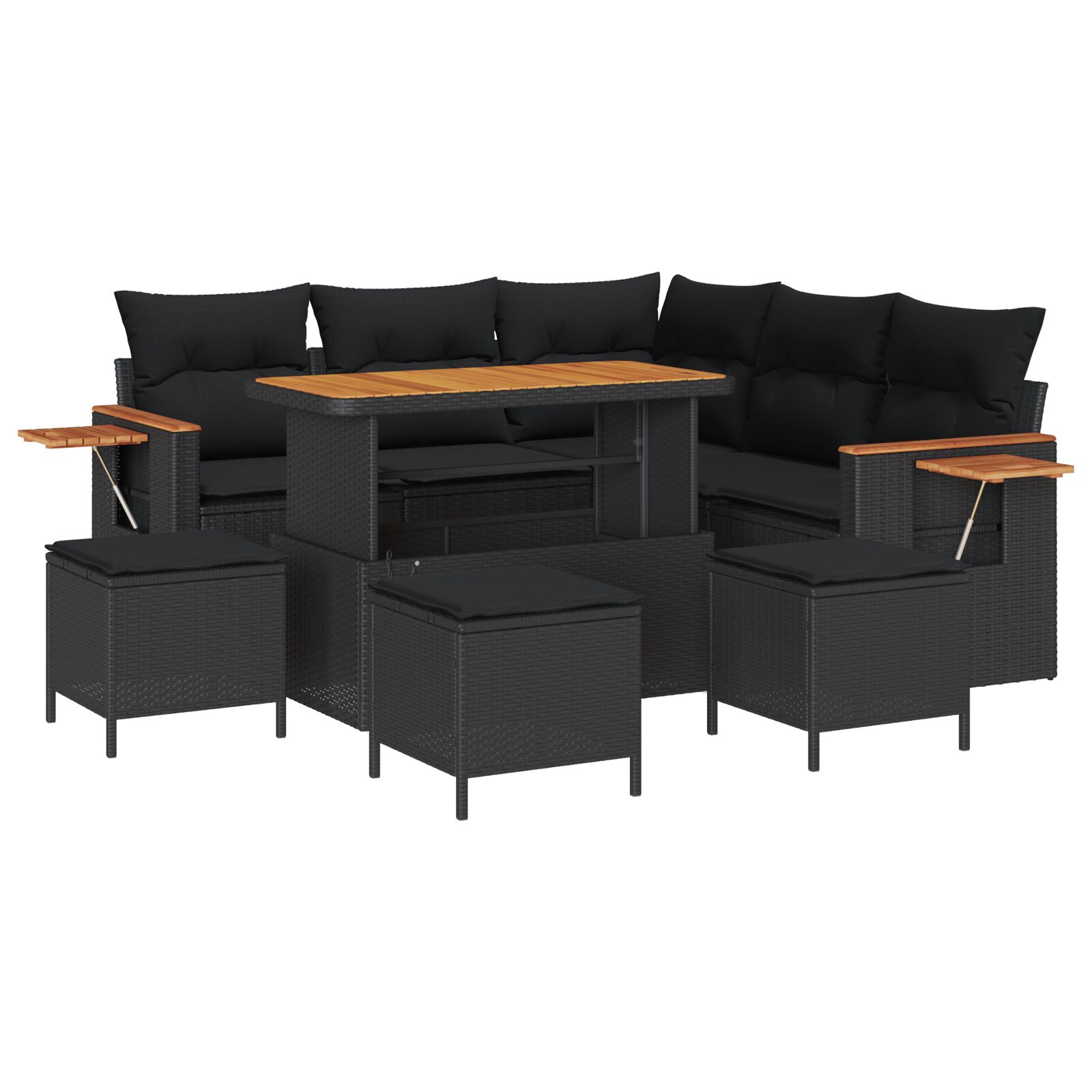 9-teiliges Garten Sofaset mit Kissen Schwarz Poly Rattan Akazie, 4-teiliges Garten Essset mit Kissen Schwarz Poly Rattan Akazie