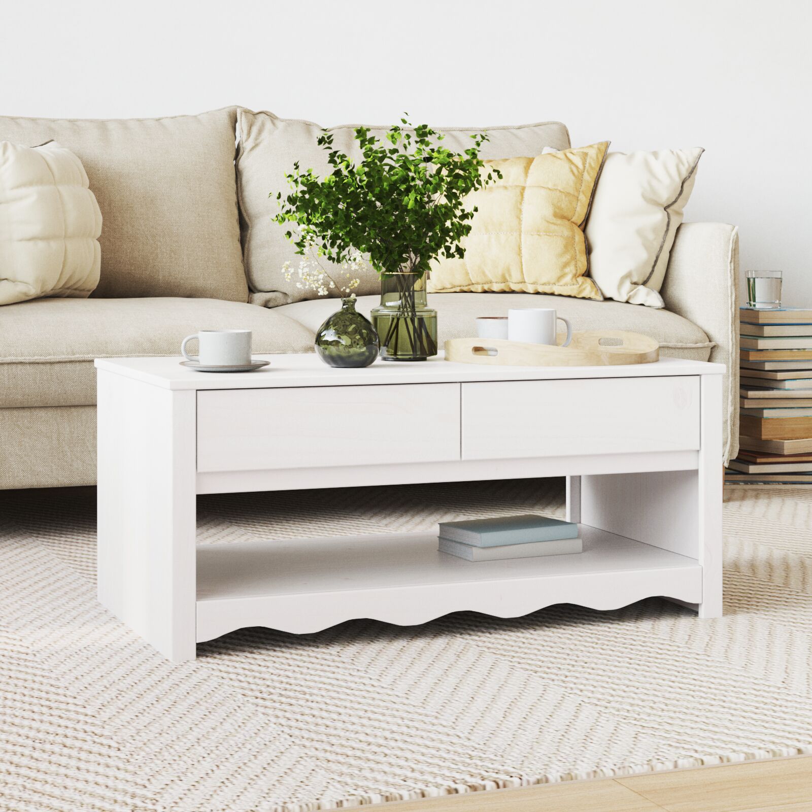 Couchtisch ""DRAMMEN"" Weiß 99x55x45 cm Massivholz Kiefer