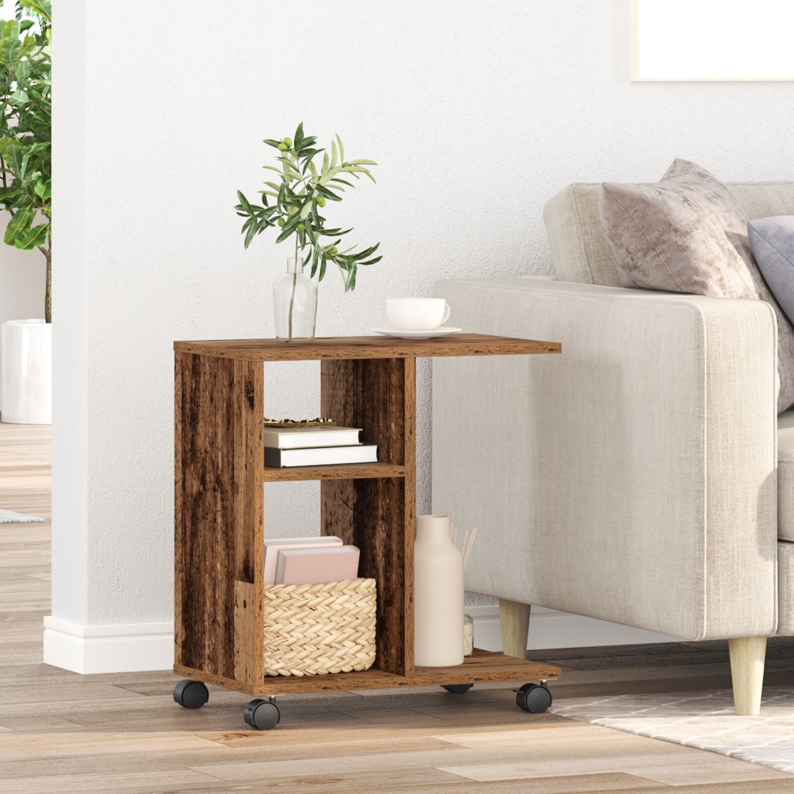 Beistelltisch mit Rollen Altholz 50x30x55 cm Holzwerkstoff